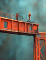 Two miniature workers on a rusted orange bridge, highlighting construction and industry. photo
