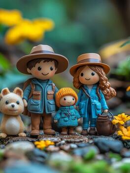 A family of three figurines in a forest photo