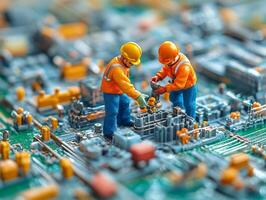 Miniature workers on a circuit board photo