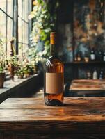 A bottle of wine sits on a wooden table in a restaurant photo
