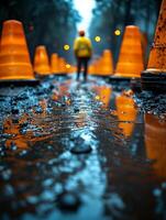 A man walking through a puddle of water photo