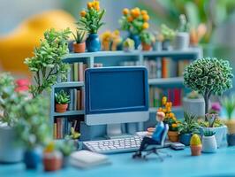A miniature computer desk with a miniature man sitting at it photo