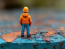 A miniature figure of a man standing on a blue surface photo