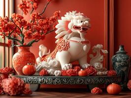 A chinese lion statue sits on a table with red flowers photo