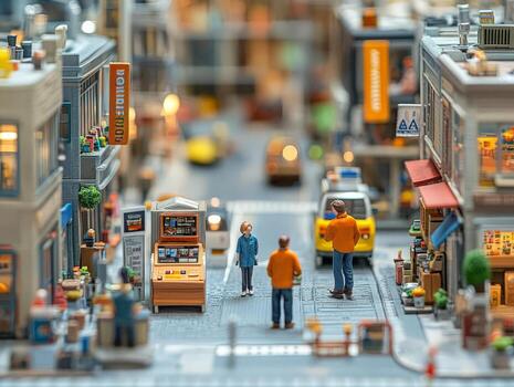 A miniature city with people walking around and a man standing in front of a store photo