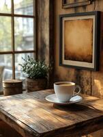 A coffee cup sits on a wooden table in front of a window photo