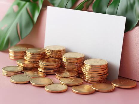 Gold coins and blank card on pink background 3d rendering photo