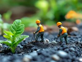 Miniature workers in orange vests working in a garden photo