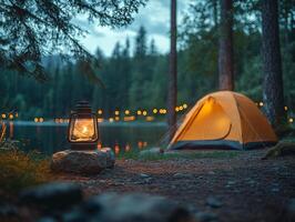 Camping tent and lantern by the lake photo