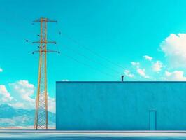 A blue building with a telephone pole in the middle photo
