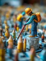Miniature construction worker on top of a city photo