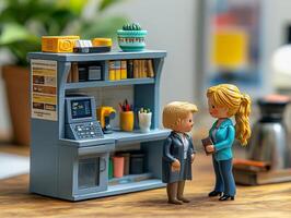A toy couple standing in front of a desk photo