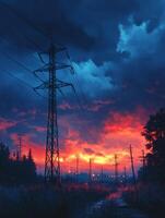 A sunset with power lines and trees photo