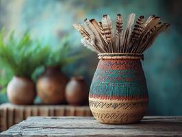 A vase with feathers on a table photo