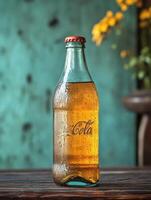 A bottle of coca cola sitting on a table photo