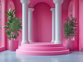 A pink room with columns and a stage photo
