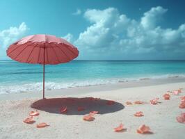 A pink umbrella on a sandy beach with petals photo