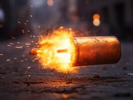 A burning object on the ground with a light coming from it photo
