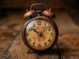 An old alarm clock on a wooden table photo