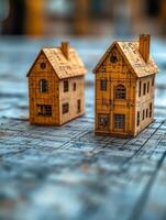 Two miniature houses on a blueprint photo