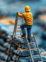 A miniature worker is climbing up a ladder photo