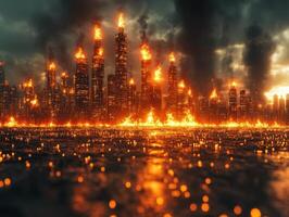A city with fire and smoke coming out of it photo
