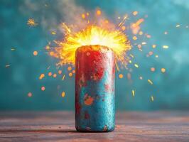 A red and blue firecracker with sparks flying out photo