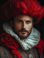 A man in a red hat and feather photo
