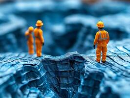Miniature people standing on top of a mountain photo
