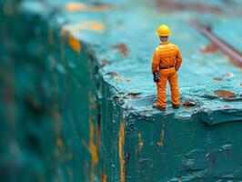 A miniature worker standing on a piece of metal photo
