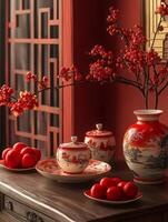 A table with red and white chinese vases and a branch of red berries photo