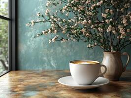 Coffee cup and saucer on a table near a window photo