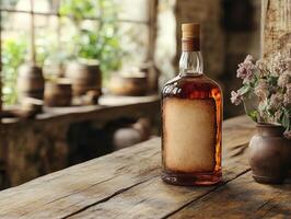 A bottle of whiskey sitting on a table next to a vase of flowers photo