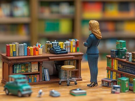 un mujer en pie en frente de un escritorio foto