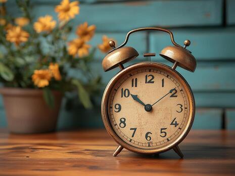 un reloj en un mesa siguiente a un flor maceta foto