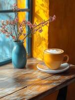 Coffee and flowers on a table by the window photo
