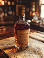 A bottle of whiskey sits on top of a map photo