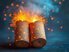 Two cork sticks with sparklers on them photo