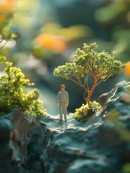 A miniature man stands on a rock with a tree in the background photo