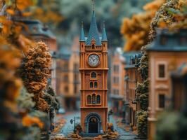 A miniature town with a clock tower in the middle photo