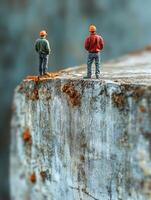 Two men standing on a cliff with a blue sky photo