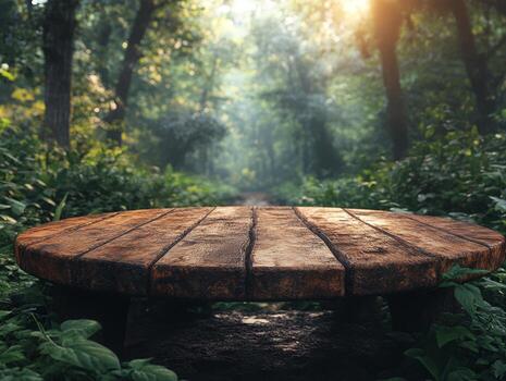 A wooden table in the middle of a forest photo