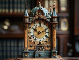 A clock on a wooden table photo