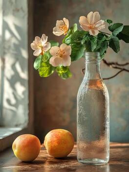 un florero con flores y Fruta en un mesa foto