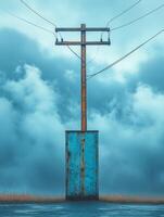 An old rusty power pole in the middle of a field photo
