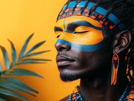 African man with colorful face paint and earrings photo