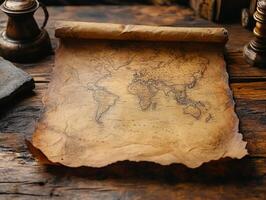 An old map on a table with a scroll photo