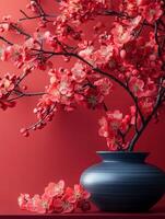 Cherry blossom in vase on red background photo