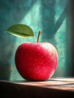 A red apple with a leaf on it photo