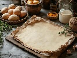A sheet of parchment paper with eggs, herbs and other ingredients photo